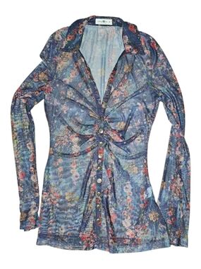 NATURAL LIFE Blue Floral Ruched Button-Front Long Sleeve Top